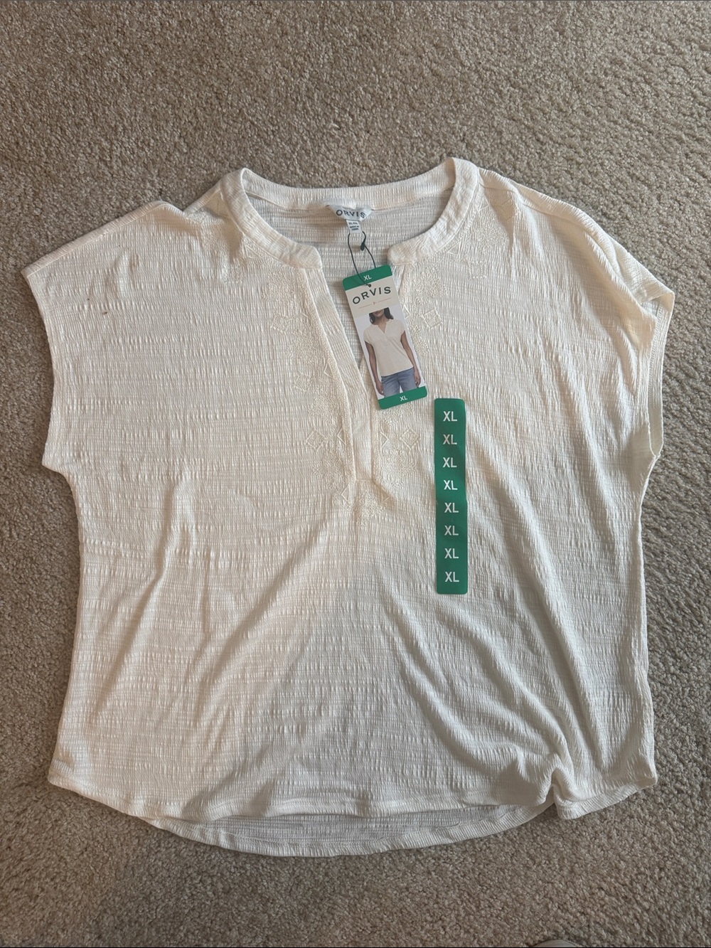 NWT Orvis Cream Split-Neck Textured Short Sleeve Top XL